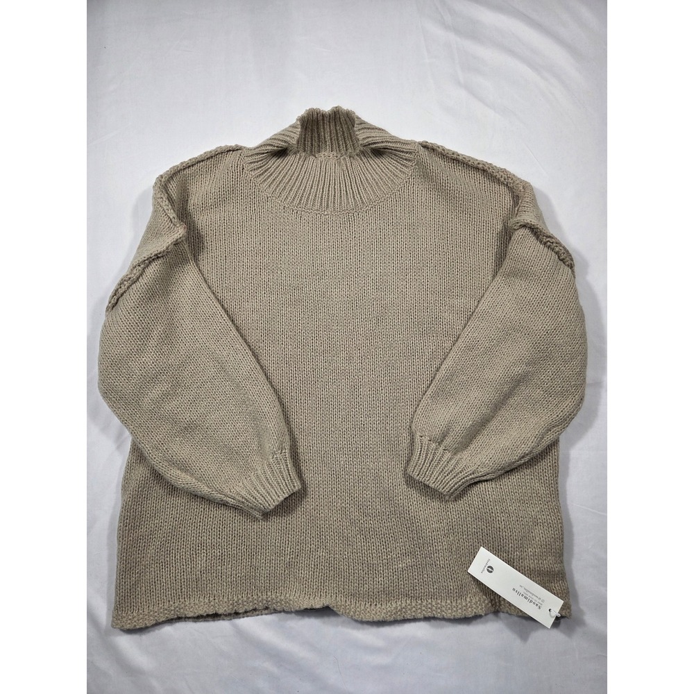 Saodimallsu Womens Oversized Mock Neck Knit Sweater Tan Beige Exposed Seam 0150